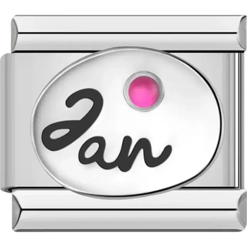 "Jan" text with a garnet-inspired pink birthstone in an oval detail Italian charm bracelet link