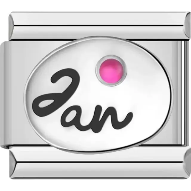 "Jan" text with a garnet-inspired pink birthstone in an oval detail Italian charm bracelet link