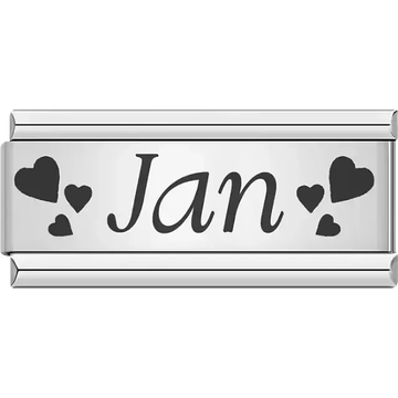 Black text spelling "Jan" surrounded by small and large black hearts Italian charm bracelet link