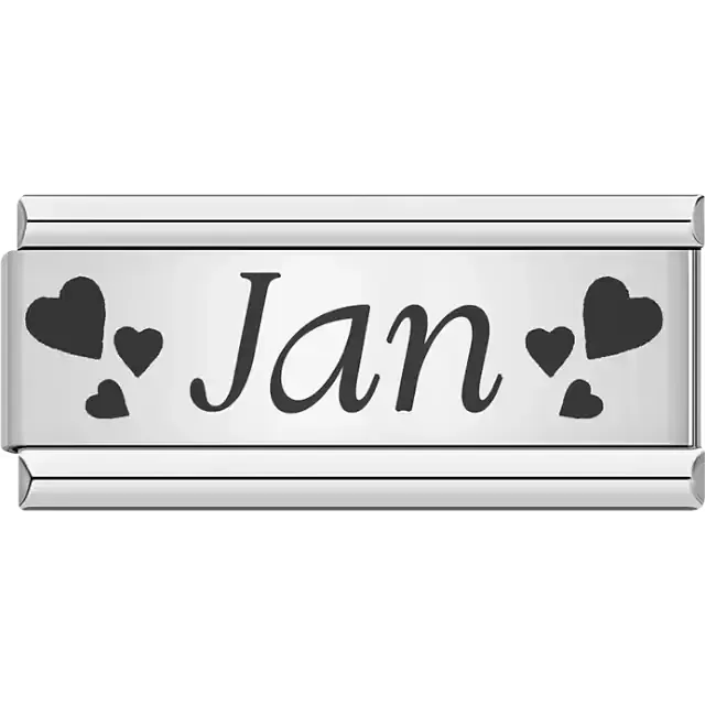 Black text spelling "Jan" surrounded by small and large black hearts Italian charm bracelet link