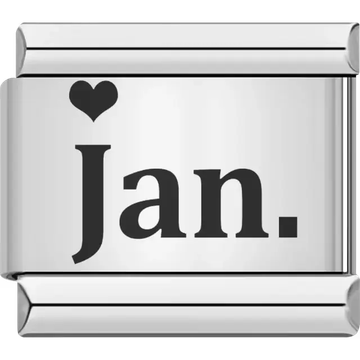 Black "Jan" text with a black heart Italian charm bracelet link