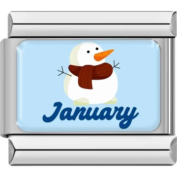 White snowman with carrot nose scarf and "January" in blue on light blue background Italian charm bracelet link