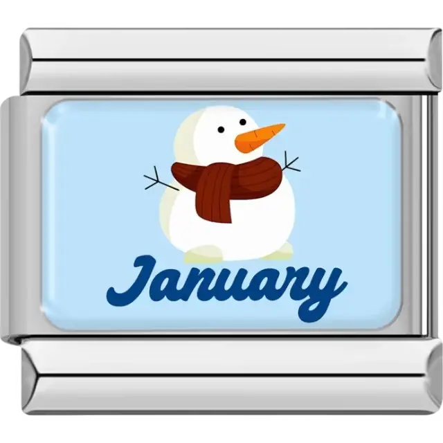 White snowman with carrot nose scarf and "January" in blue on light blue background Italian charm bracelet link