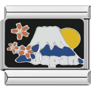 White and blue mountain with sun and cherry blossoms design and text "Japan" Italian charm bracelet link