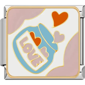 Blue jar labeled "LOVE" with red and pink hearts on a white and pink background Italian charm bracelet link