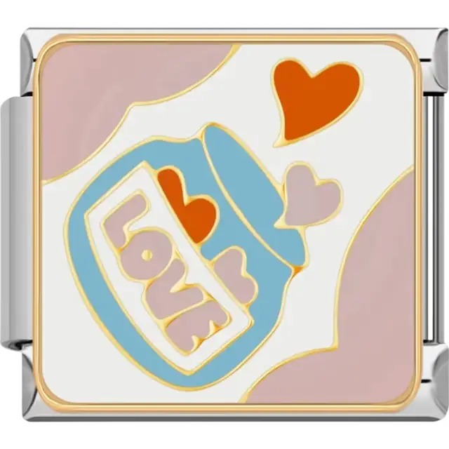 Blue jar labeled "LOVE" with red and pink hearts on a white and pink background Italian charm bracelet link