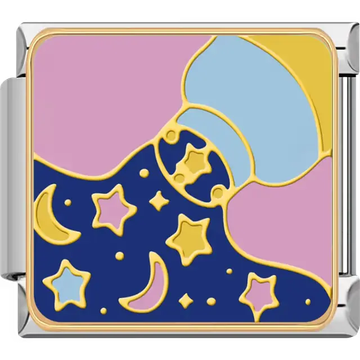 Blue jar pouring yellow moons and stars with pink and blue accents on dark blue background Italian charm bracelet link