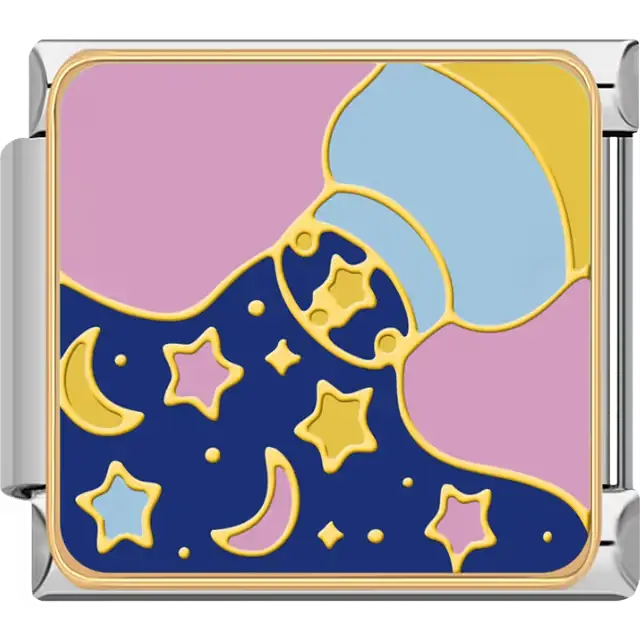 Blue jar pouring yellow moons and stars with pink and blue accents on dark blue background Italian charm bracelet link