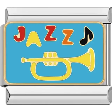 Blue charm with "JAZZ" text, trumpet, and music note design Italian charm bracelet link