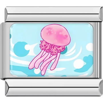 Pink jellyfish with a light blue ocean wave background Italian charm bracelet link
