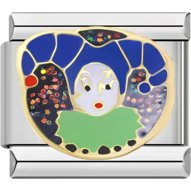 Blue and gold jester mask with green ruffle and multicolor accents Italian charm bracelet link