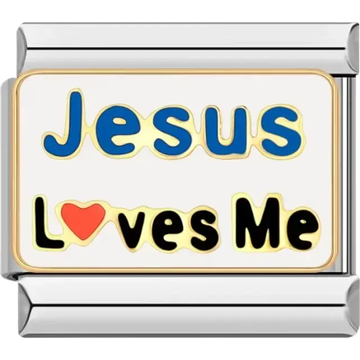 Blue "Jesus" text with black "Loves Me" text and a red heart on a white background Italian charm bracelet link