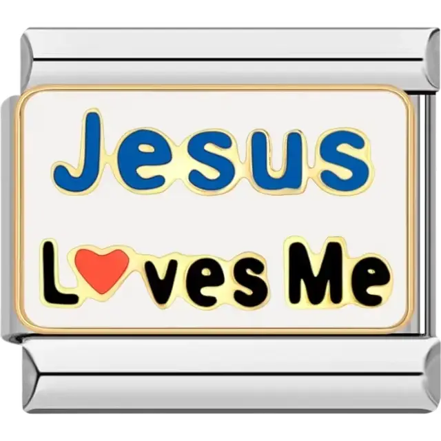 Blue "Jesus" text with black "Loves Me" text and a red heart on a white background Italian charm bracelet link