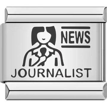 Black journalist figure with microphone and "NEWS" text above bold "JOURNALIST" text Italian charm bracelet link