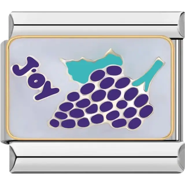 Purple grapes with green leaf and gold outline joy text Italian charm bracelet link