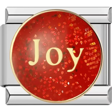 Gold "Joy" text on a red glitter background with circular gold border Italian charm bracelet link
