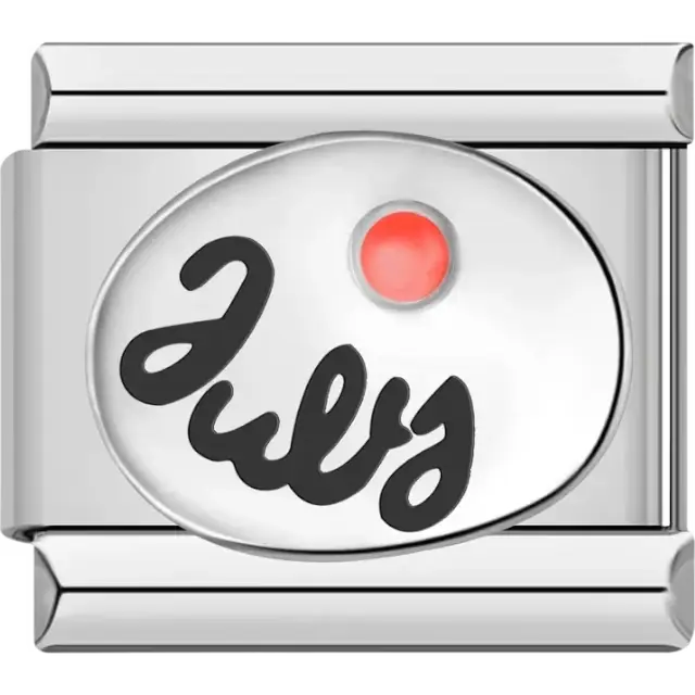 "July" text with a ruby-inspired red birthstone in an oval detail Italian charm bracelet link