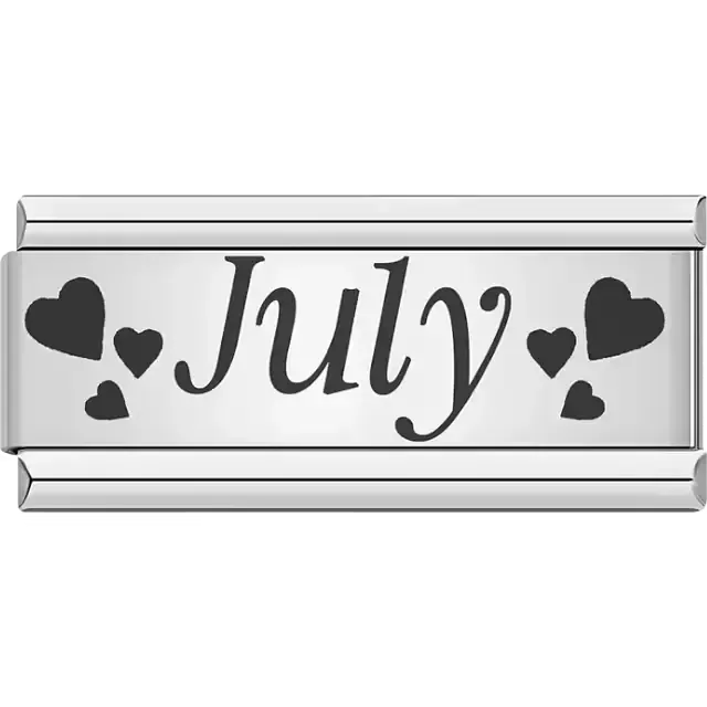 Black text spelling "July" surrounded by small and large black hearts Italian charm bracelet link