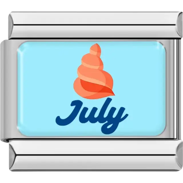 Orange seashell with "July" in blue on light blue background Italian charm bracelet link
