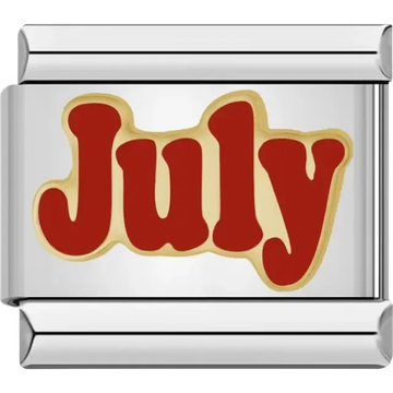 "July" text in red with a gold outline Italian charm bracelet link