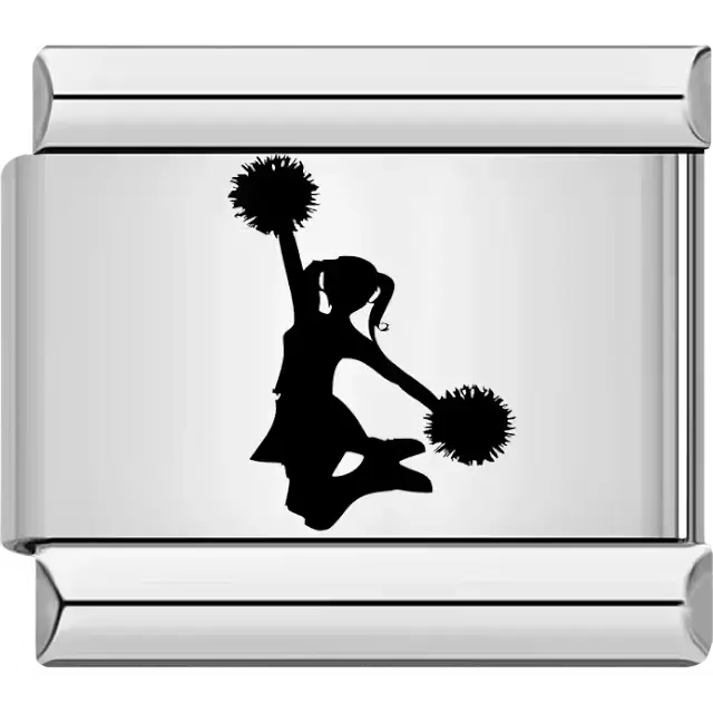 Black silhouette of cheerleader jumping with pom-poms Italian charm bracelet link