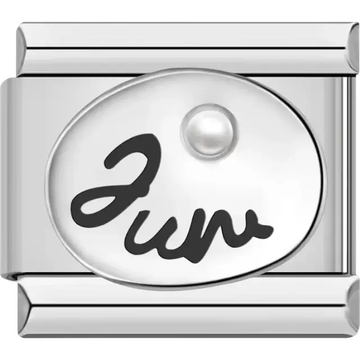 "Jun" text with a pearl-inspired birthstone in an oval detail Italian charm bracelet link