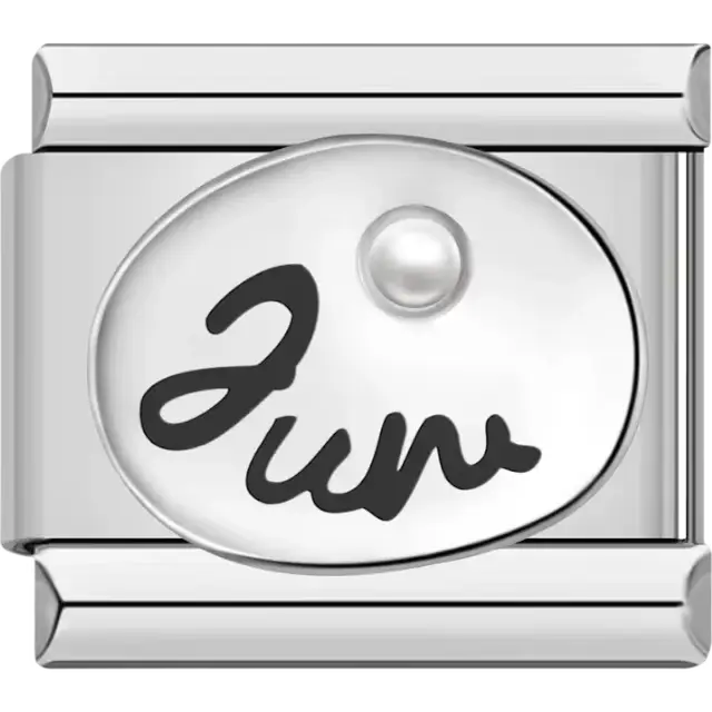 "Jun" text with a pearl-inspired birthstone in an oval detail Italian charm bracelet link