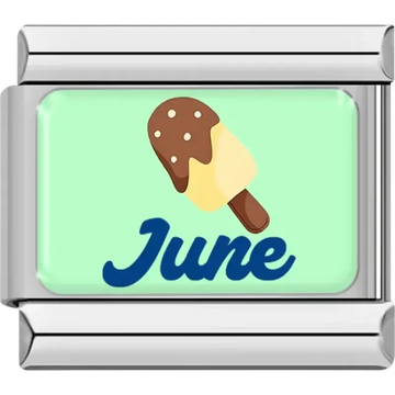 Chocolate-dipped ice cream with "June" in blue on light green background Italian charm bracelet link