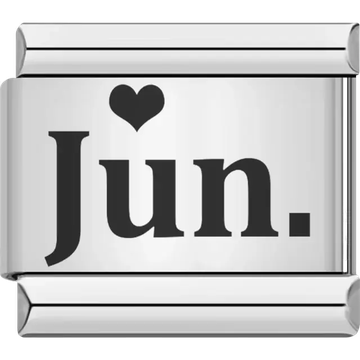 Black "Jun" text with a black heart Italian charm bracelet link