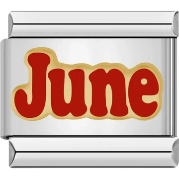 "June" text in red with a gold outline Italian charm bracelet link