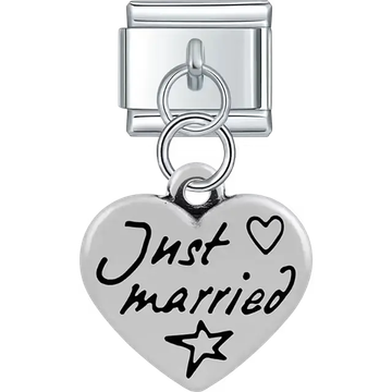 Heart with "Just married" text heart star symbols dangle Italian charm bracelet link