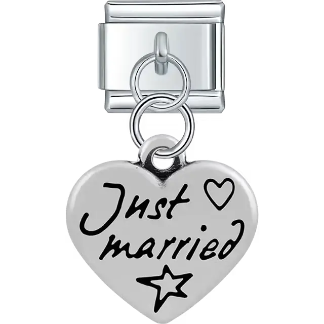 Heart with "Just married" text heart star symbols dangle Italian charm bracelet link