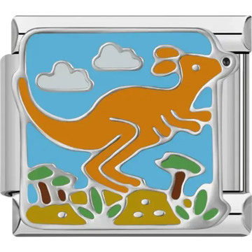 Orange kangaroo with green plants white clouds and a blue background Italian charm bracelet link