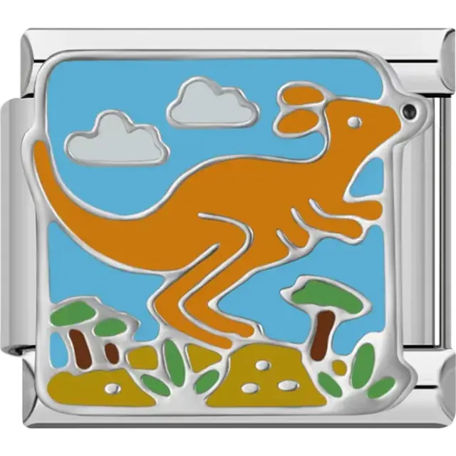 Orange kangaroo with green plants white clouds and a blue background Italian charm bracelet link