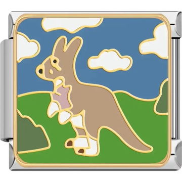Brown kangaroo with a baby in its pouch standing on green hills with blue sky and clouds Italian charm bracelet link