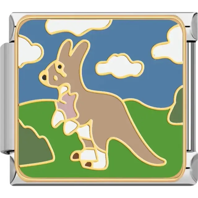 Brown kangaroo with a baby in its pouch standing on green hills with blue sky and clouds Italian charm bracelet link