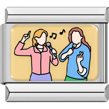 Two friends singing with microphones with music notes on a yellow background Italian charm bracelet link