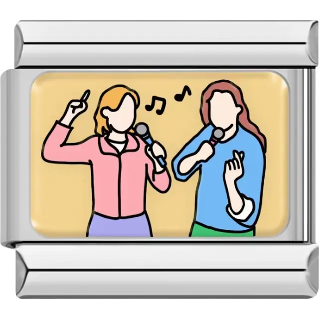 Two friends singing with microphones with music notes on a yellow background Italian charm bracelet link