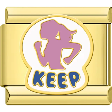 Pink silhouette of a runner with bold blue "KEEP" text below Italian charm bracelet link