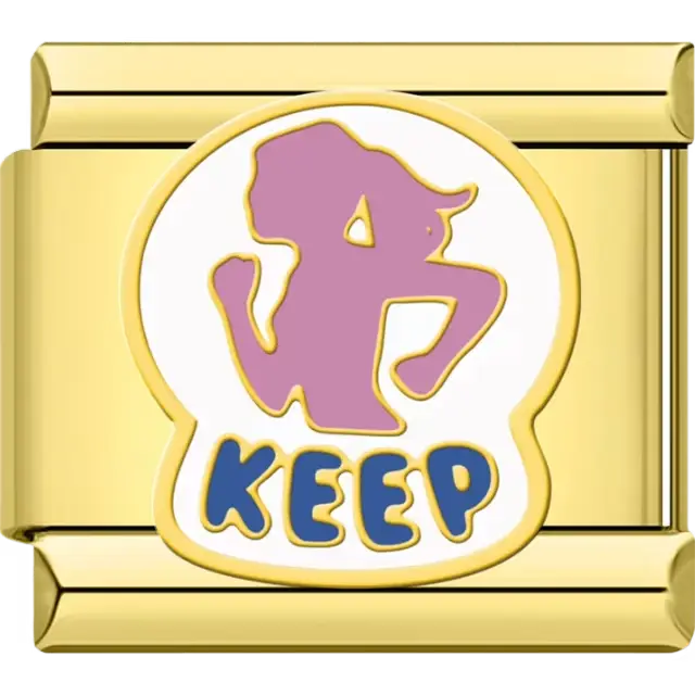Pink silhouette of a runner with bold blue "KEEP" text below Italian charm bracelet link