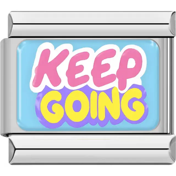 "Keep Going" script on blue Italian charm bracelet link