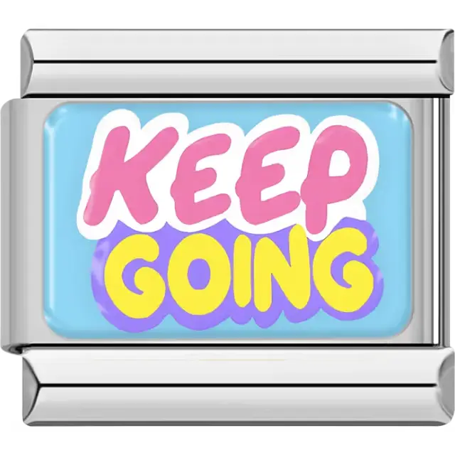 "Keep Going" script on blue Italian charm bracelet link