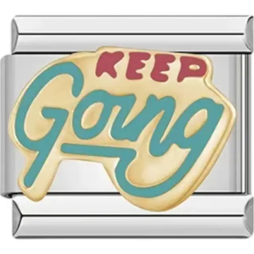 Gold "KEEP Going" text in teal and red design Italian charm bracelet link