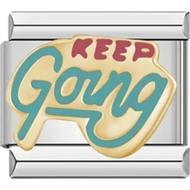 Gold "KEEP Going" text in teal and red design Italian charm bracelet link