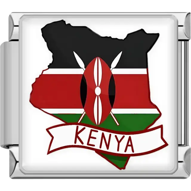 Black red green map of Kenya with white stripes Maasai shield spears white banner Kenya text Kenya map flag Italian charm bracelet link