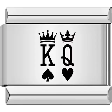 Black "K" with spade and crown and "Q" with heart and crown Italian charm bracelet link