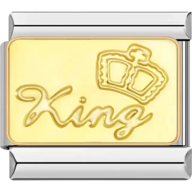 Gold-tone design featuring "King" text with a crown accent Italian charm bracelet link