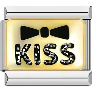 Word "KISS" in black with silver accents and black bowtie gold background Italian charm bracelet link