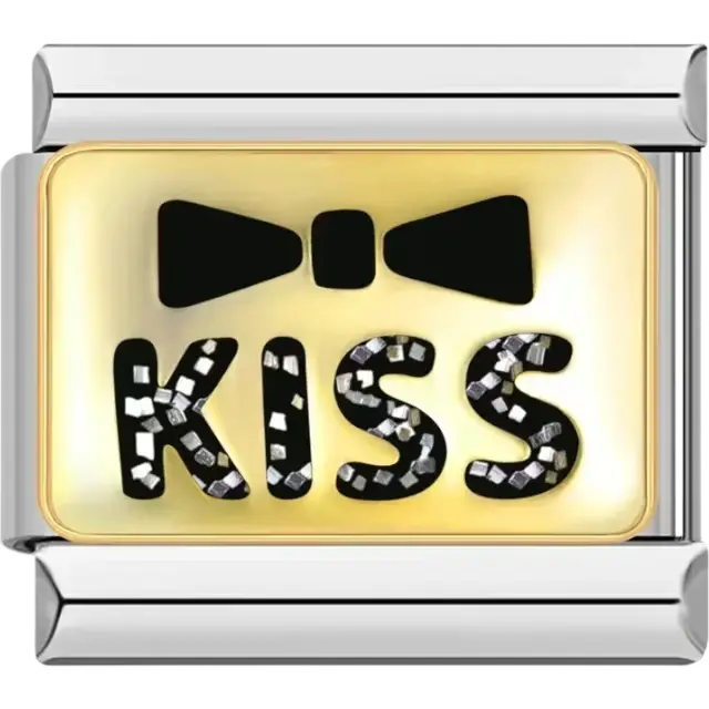 Word "KISS" in black with silver accents and black bowtie gold background Italian charm bracelet link