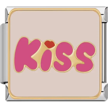 Pink "Kiss" text with a small red heart accent on a beige background Italian charm bracelet link